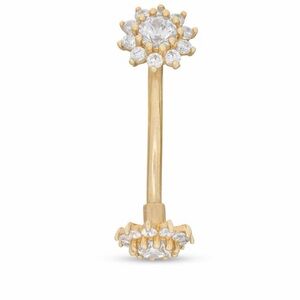 10K Solid Gold CZ Double Flower Belly Button Ring